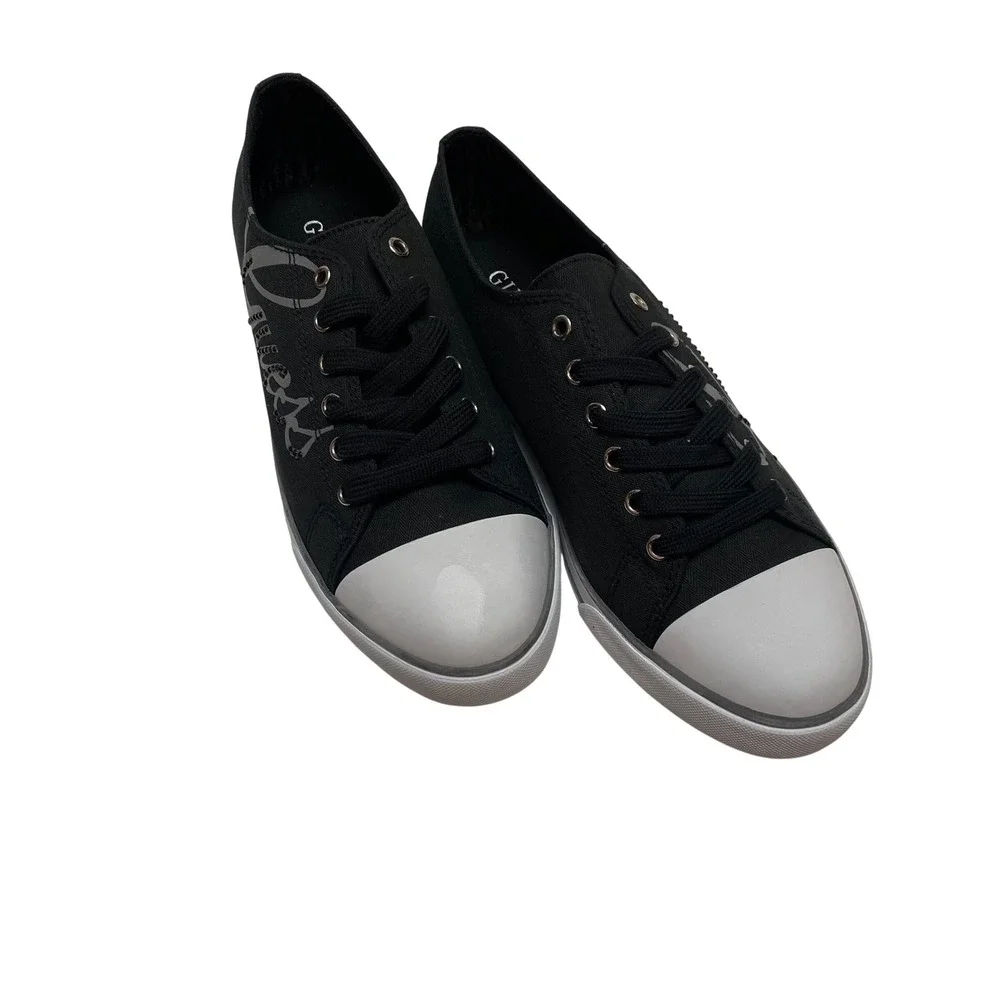 Guess Womens Black Canvas Rhinestone Logo Low Top Sneakers White Toe Cap 10 NIB‎